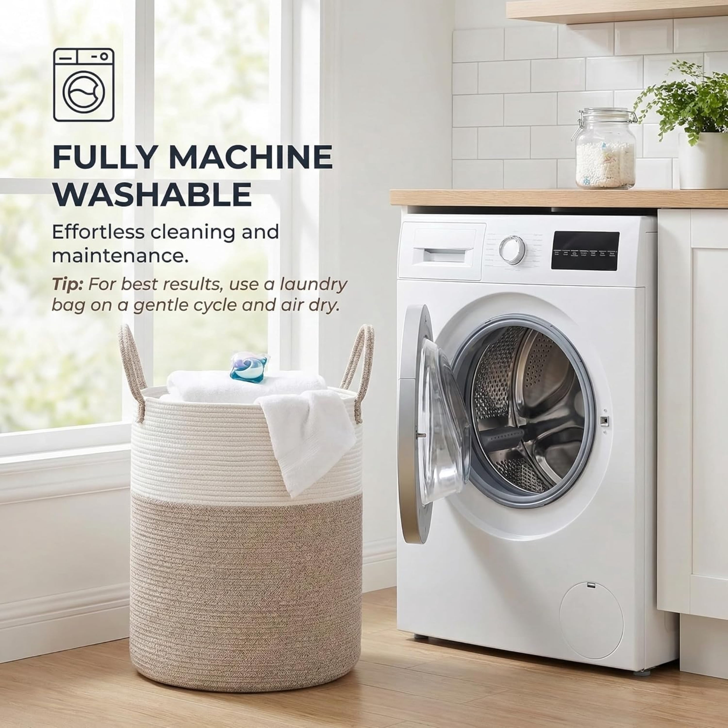 Laundry Basket, Woven Cotton Rope Laundry Hamper, Decor Storage of Dirty Clothes, Toys and Blankets in Bathroom, Baby Room and Living Room