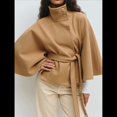 thumbnail image 4 of Ponchos con Mangas de Murciélago para Mujer, Abrigo de Lana con Cuello Alto y Cinturón, Chaqueta Corta de Invierno Caqui L, 4 of 6