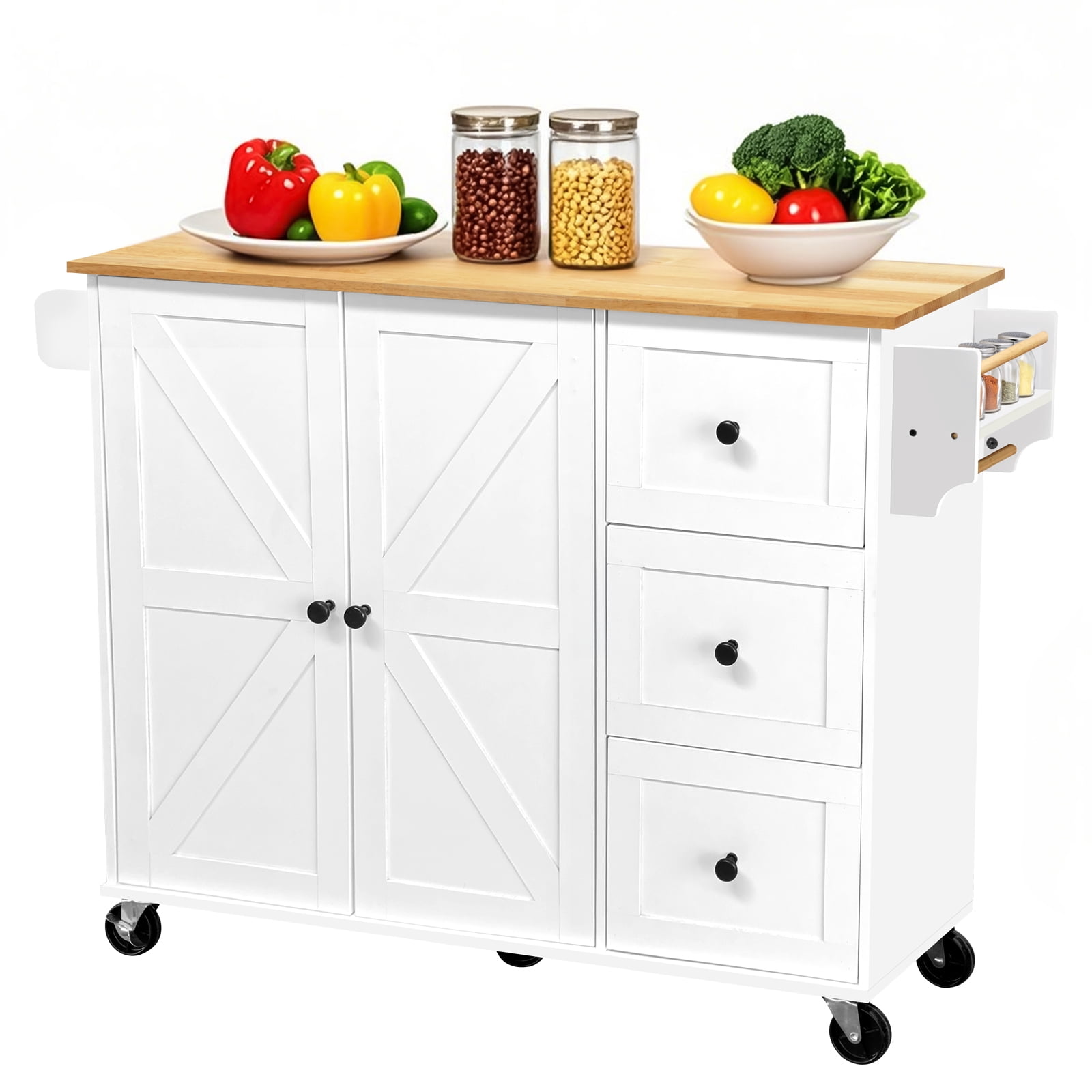 ZZBIQS Kitchen Island Cart on Wheels with  Cabinet & Drawer & 2 Adjustable Shelves, Rolling Kitchen Storage Cabinet with Wine Rack, White