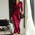 thumbnail image 3 of Women's Dress Long Sleeve Solid Color Tie Waist Classic Elegant Midi Dress for Office Commuting Spring Fall,Red,M, 3 of 4