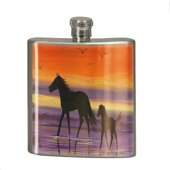 KuzmarK 6 oz. Stainless Steel Flask Set in Black Presentation Box - Beach Ponies at Twilight Horse Art by Denise Every