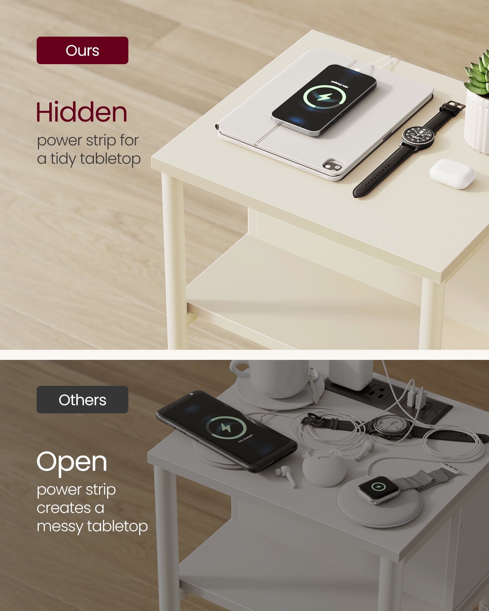3-Tier End Table with Charging Station Side Table with USB Ports and Outlets Nightstand Cream White