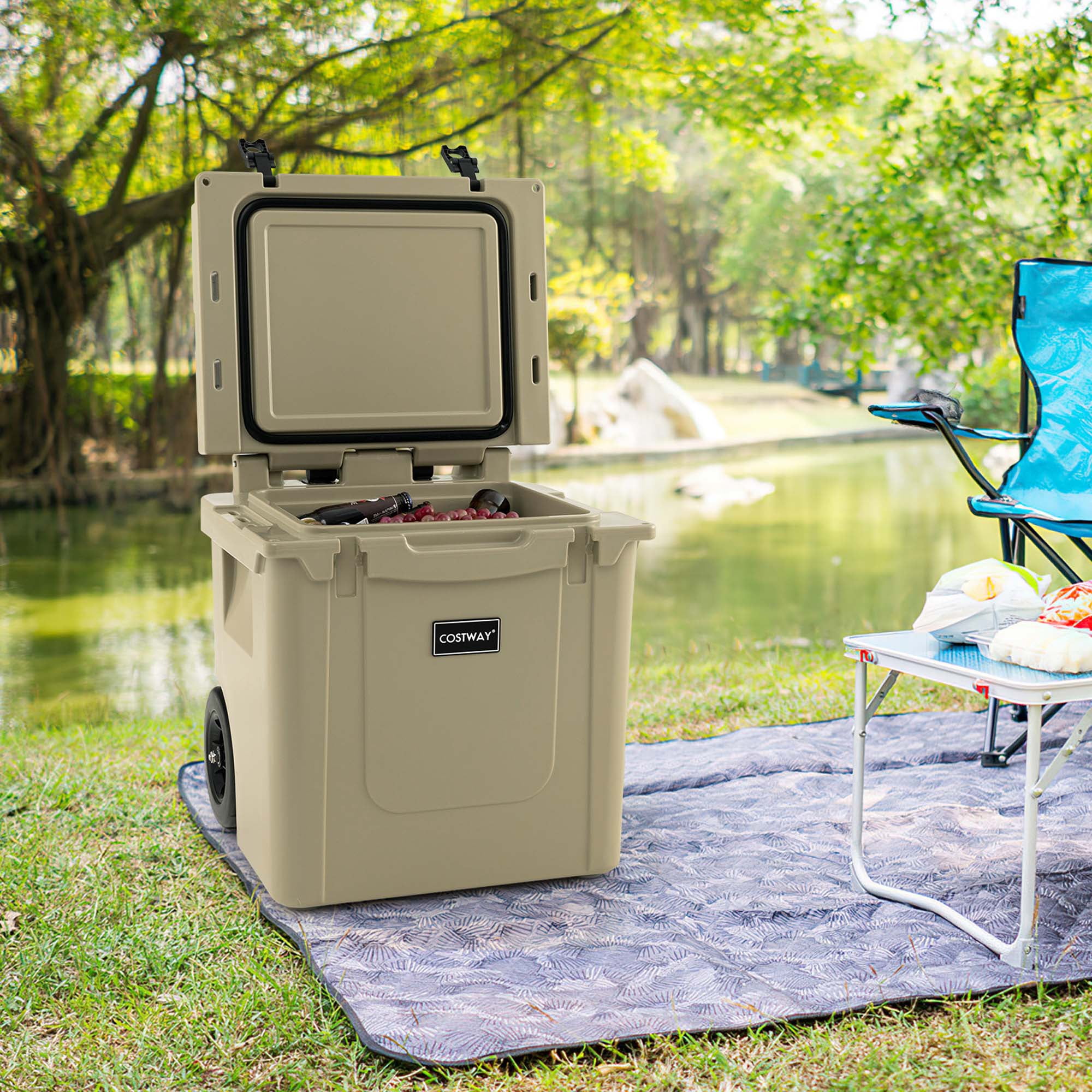 Costway 45 Quart Cooler Towable Ice Chest w/ All-Terrain Wheels Leak-Proof for Camping