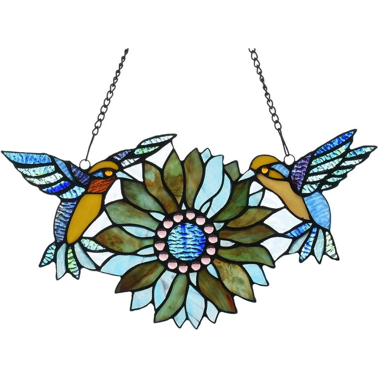 Vinplus Sunflower Hummingbirds Stained Glass Window Hangings Tiffany Glass  Suncatchers Window Panel for Parents Gifts 