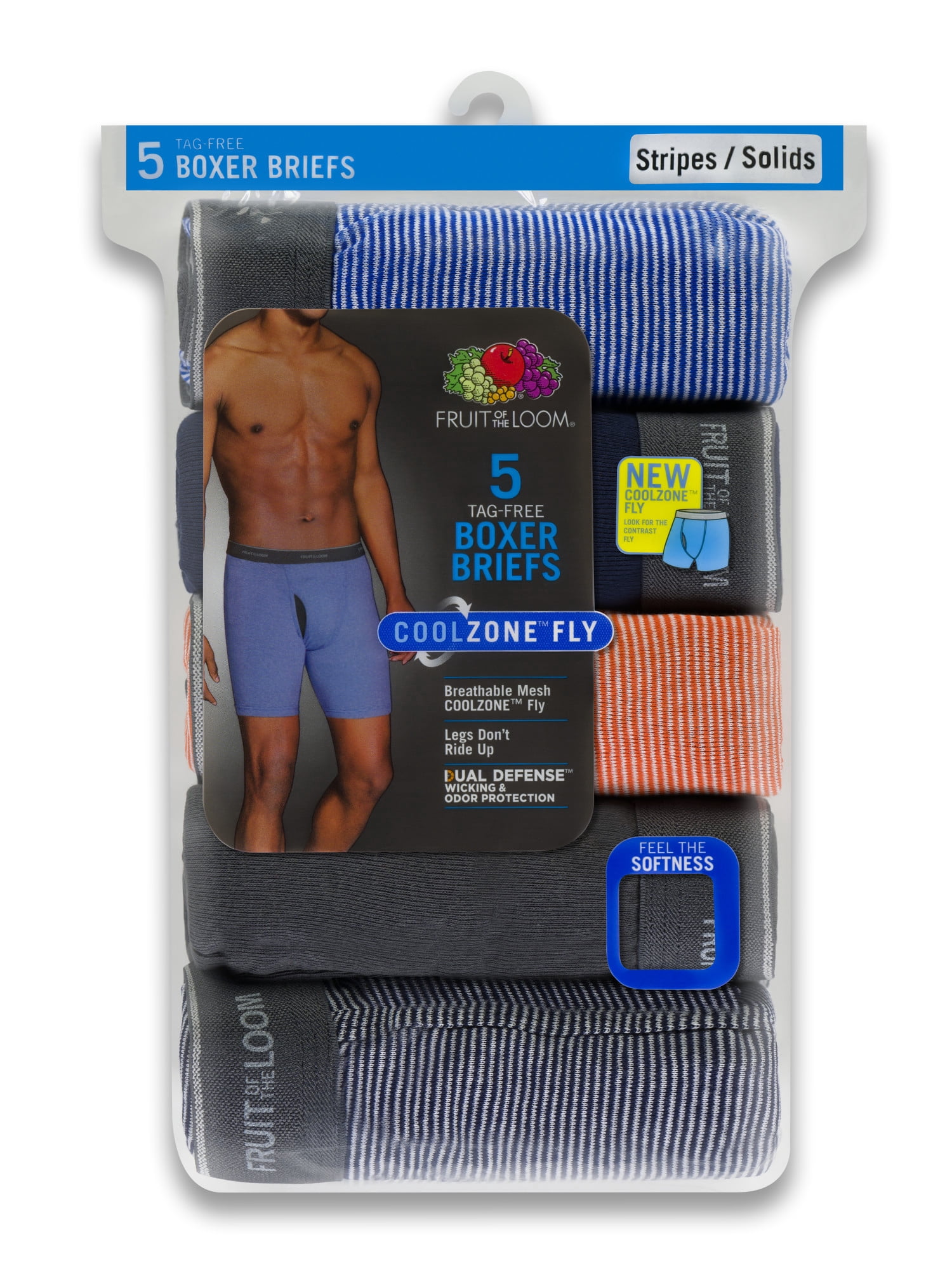 Fruit of the Loom Men's CoolZone Fly Stripe and Solid Boxer Briefs, 5 Pack