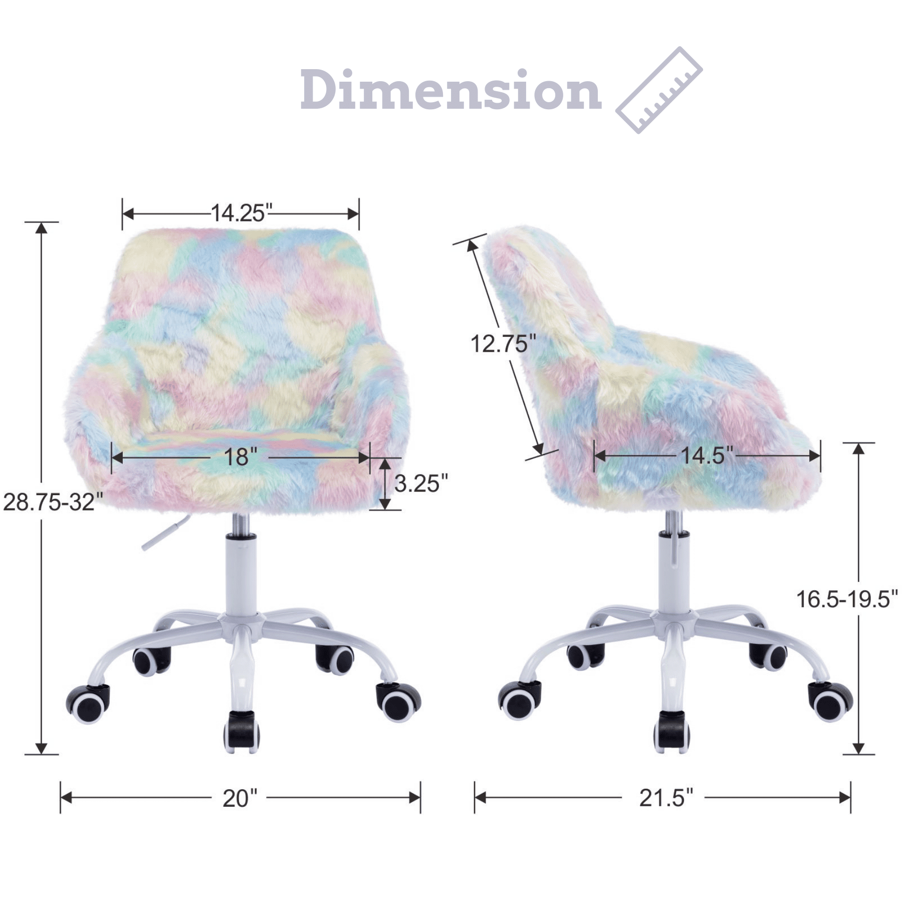 Dayalane Kids Desk Chair, Adjustable Swivel Faux Fur Study Chair with Armrests, Comfy Upholstered Computer Chair for Boys and Girls, Cute Computer Chair for Children, Rainbow-Blue