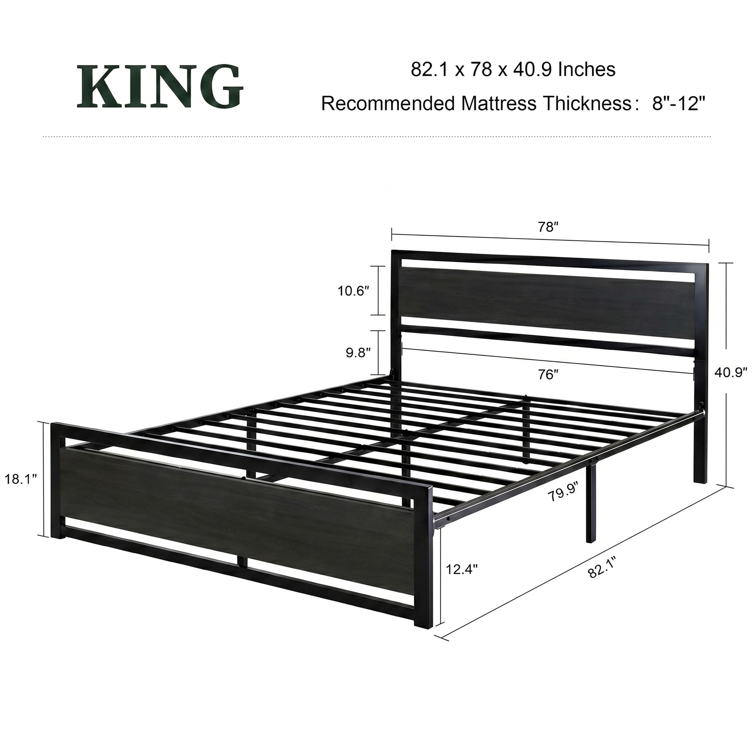 Amolife King Size Metal Platform Bed Frame with Wooden Headboard, 12.4" Under-Bed Storage, Black