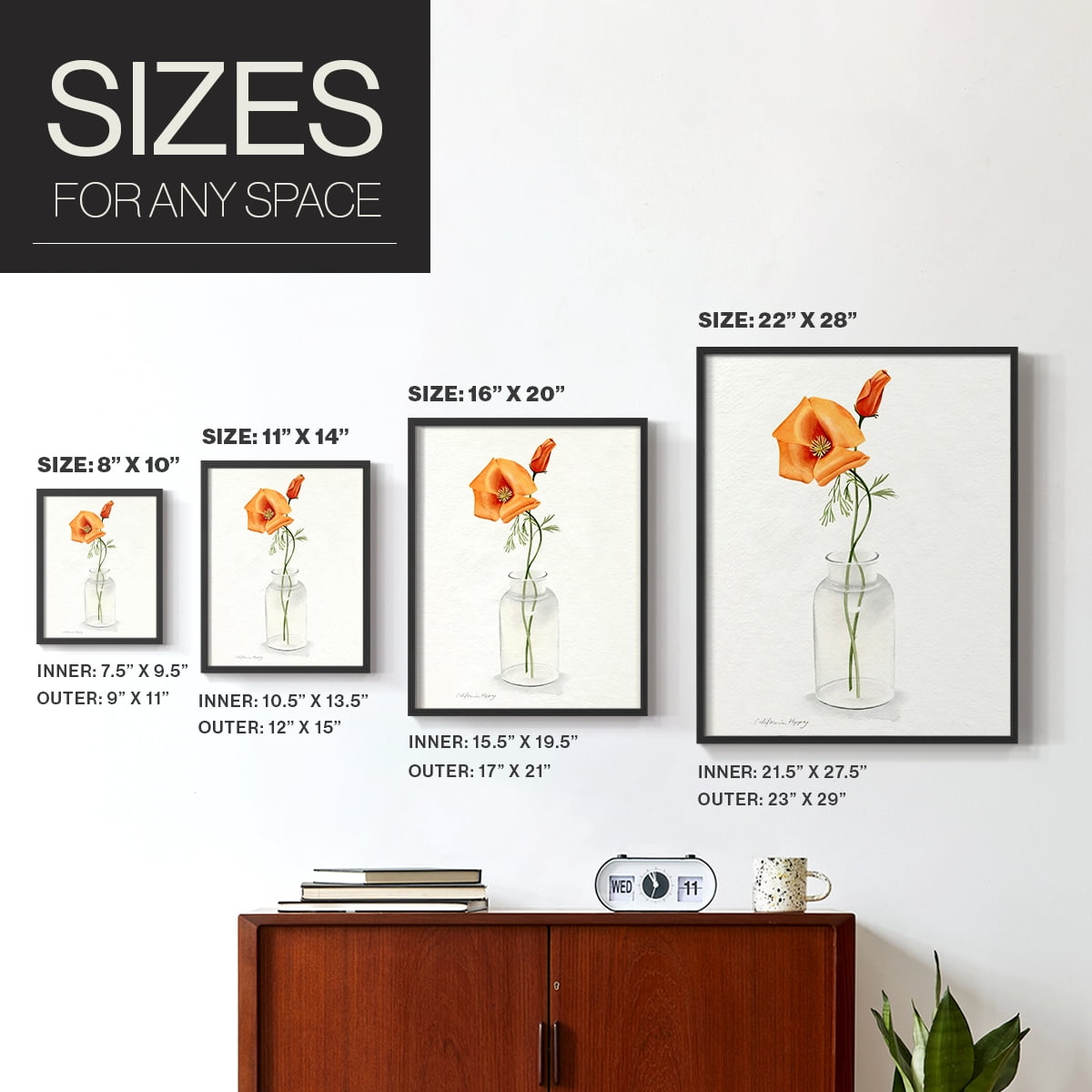 California Poppy Vase I Framed Print in Black Solid Wood Framed Print No Nail Hanging
