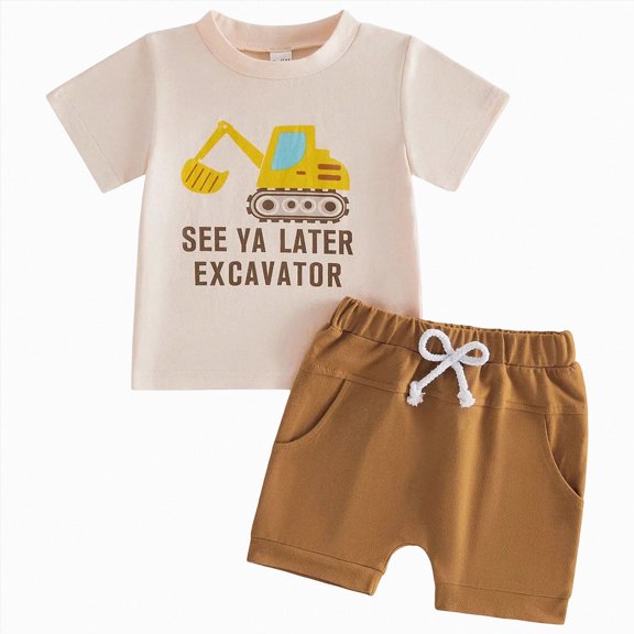 Boy Outfit Set Toddler Baby Excavator Print T-Shirt & Solid Shorts 2-Piece Summer Outfit Toddler Boy Summer Clothes