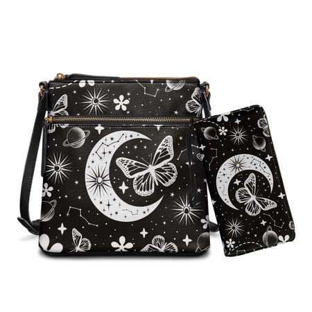 LedBack Butterfly Moon Leather Crossbody Satchel Bags for Women 2 PCS Purse and Wallet Set Sling Messenger Purse Medium Size Hobo Bag with Adjustable Strap Black