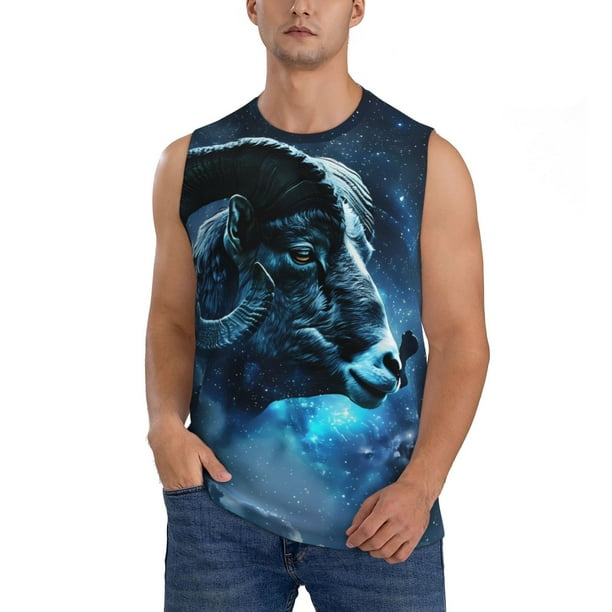 Fotbe Celestial Ram Night Sky Men's Camiseta sin Mangas Estampada para Hombres, Playera Casual para Gimnasio, Entrenamiento, Playa-Small