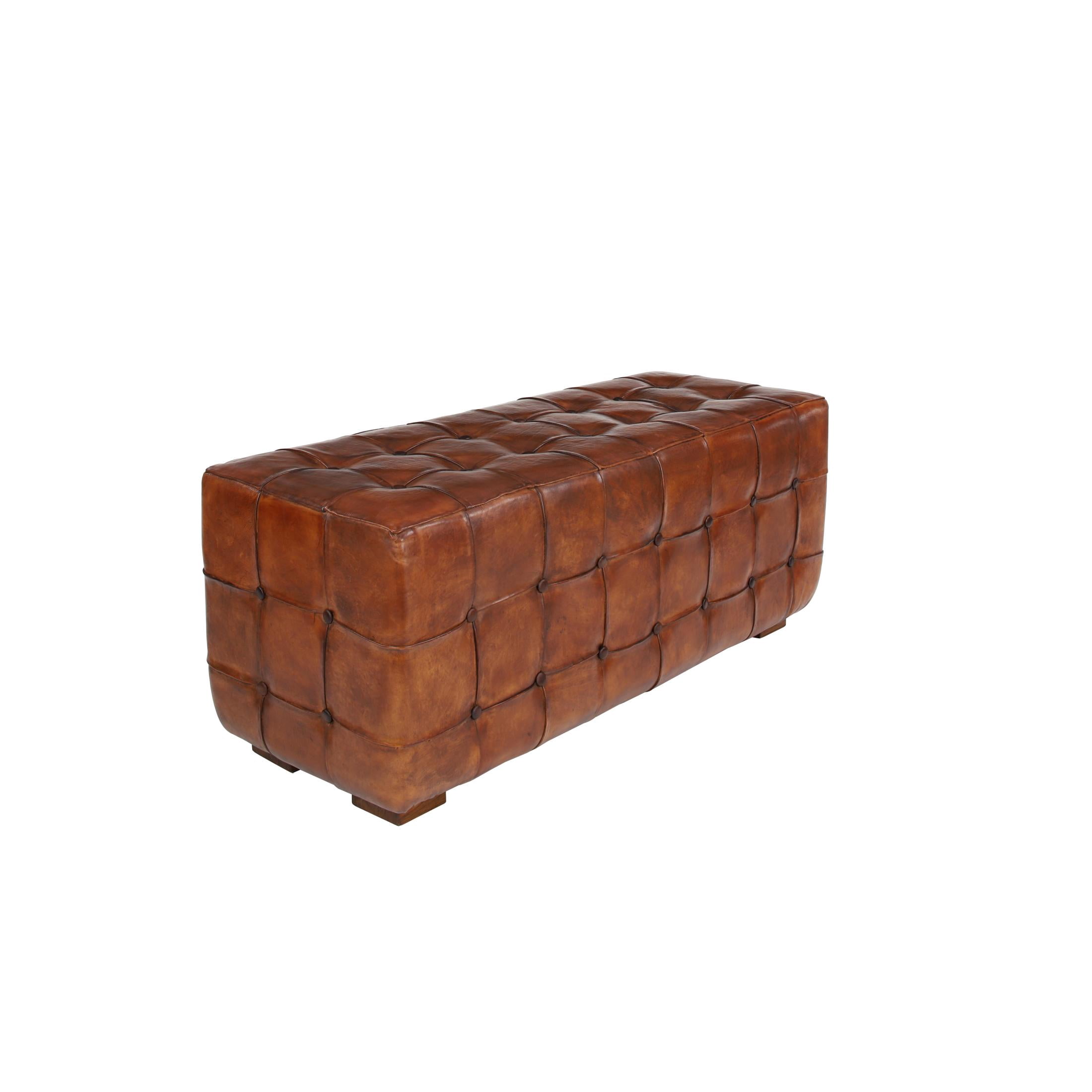 DecMode Leather Tufted Upholstered Bench with Block Feet, Brown