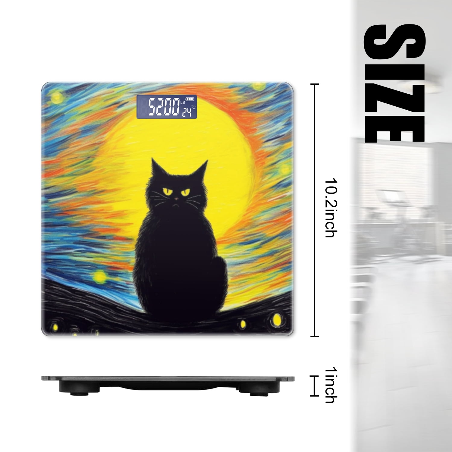 High Precision Body Weight Scale Smart Bathroom Scales with Large LCD Display(400lbs),Decorative for Bedroom-Black Cat Sitting In Front Of The Yellow Sun