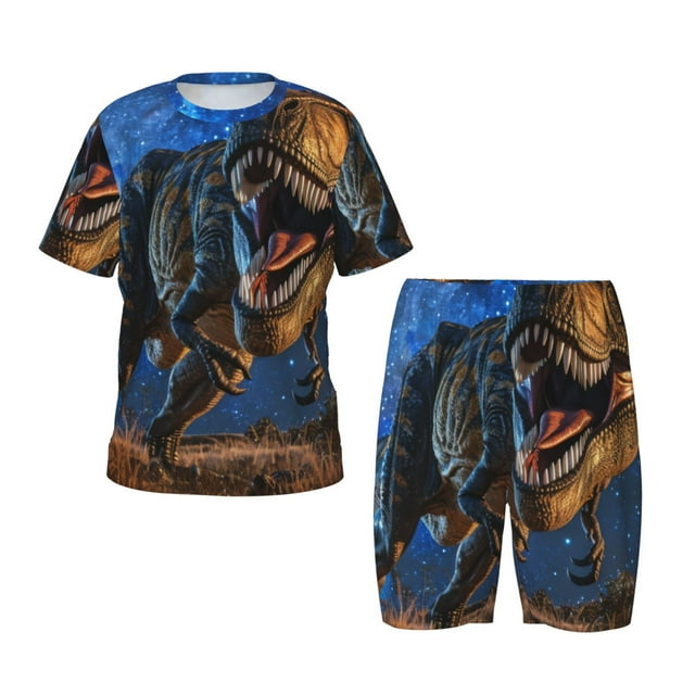 Fotbe Starry Night Charging Dinosaur Pijama Estampada de 2 Piezas para Niños – Ropa de Dormir de Manga Corta Cómoda para Niños y Niñas, Camiseta y Shorts de Algodón-X-Large