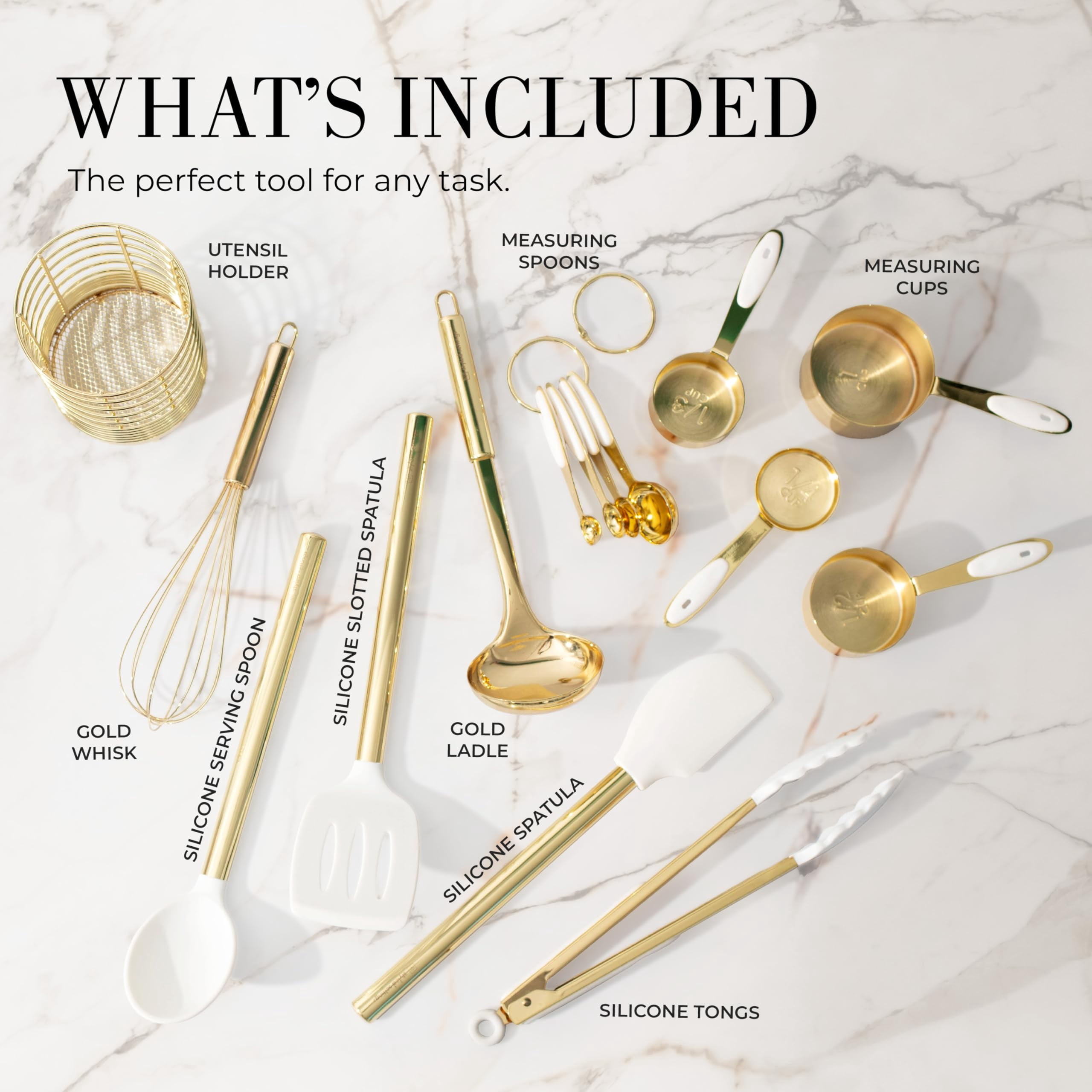 Styled Settings White and Gold Kitchen Utensils Set - 15-Piece Non-Scratch, White and Gold Utensils Set Includes White Silicone Cooking Utensils and White and Gold Measuring Cups and Spoons