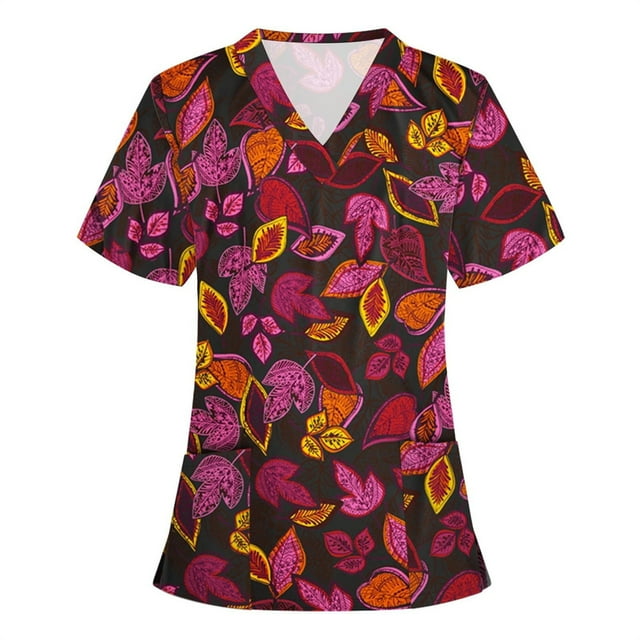 Women's Short Sleeve Summer Tops - Comfortable Cartoon Floral Animal Print For Medical Nurse Uniform