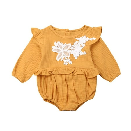 

Newborn Infant Baby Girls Long Sleeve Lace Floral Romper Cotton Linen Bodysuit Jumpsuit Outfits