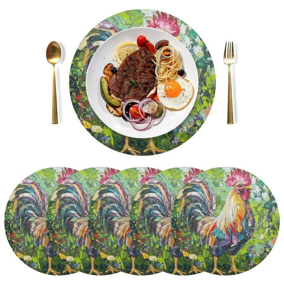 Round Placemats Plate Mats 15 Inch Non-Slip Heat Resistant Washable PVC Set Table Decoration for Kitchen Dining Chickens Painted in Oil