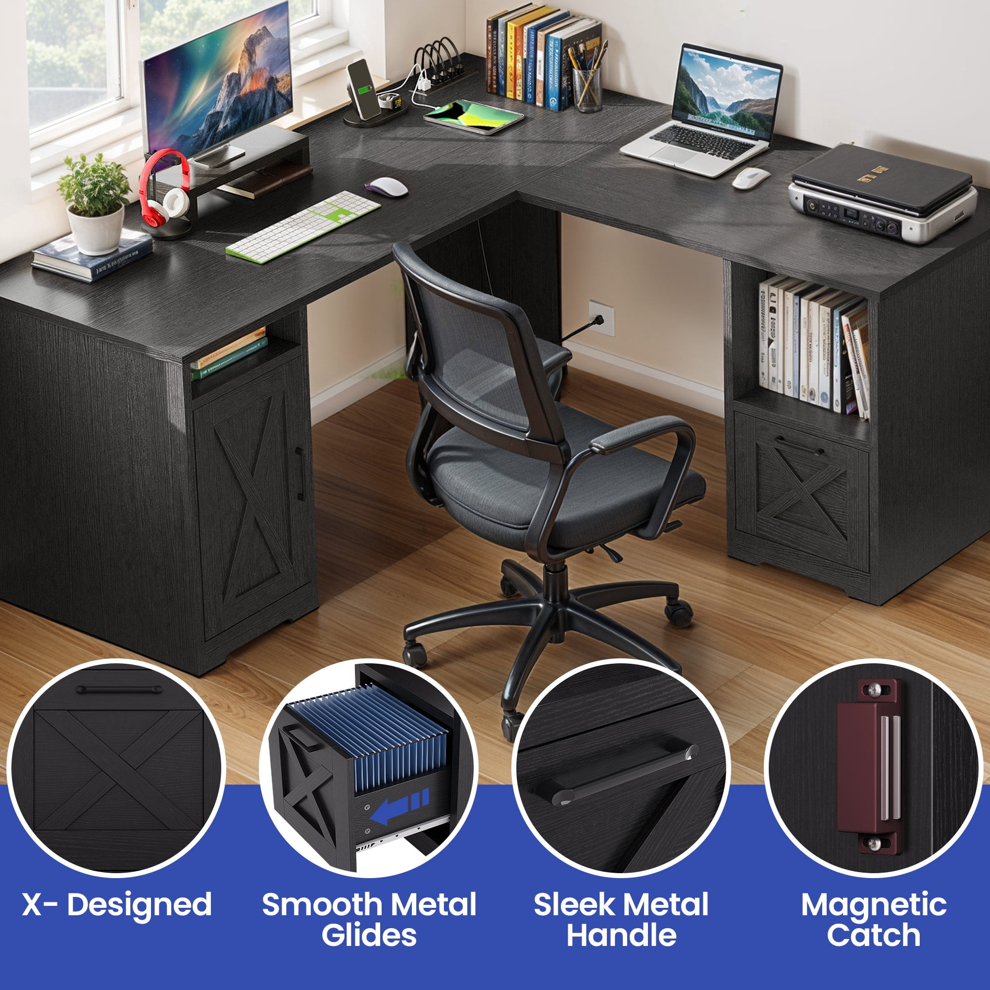 ModFusion 59 Inch L Shaped Corner Computer Desk with Power Outlets & USB Ports, Office Desk with File Drawer, Monitor Stand & Storage Shelves, Black