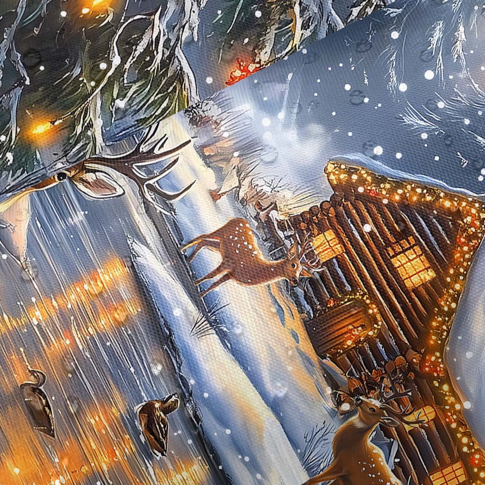 Winter Christmas Deer Shower Curtain, Farmhouse Cabin Hunting Xmas Snowflake Reindeer Nature Forest Snowy Mountain River Scenery New Year Bathroom Decor Curtain Polyester Fabric 70 x 70 Inches