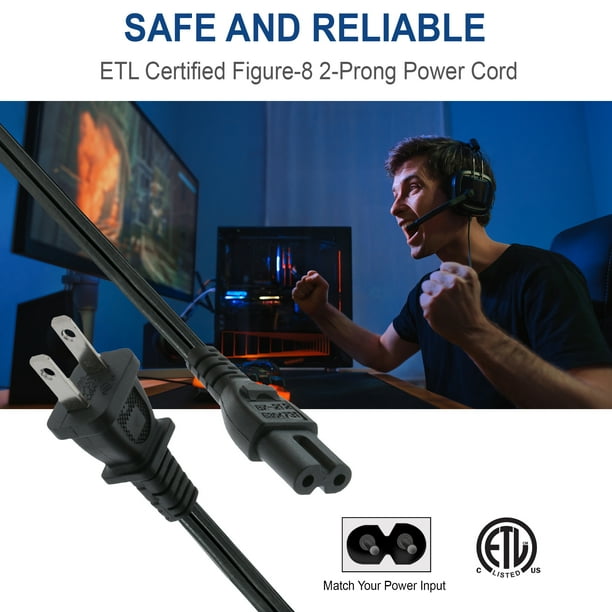 New 10ft Non-Polarized Replacement Power Cord, Works With Game Consoles, Cable Boxes, Printers