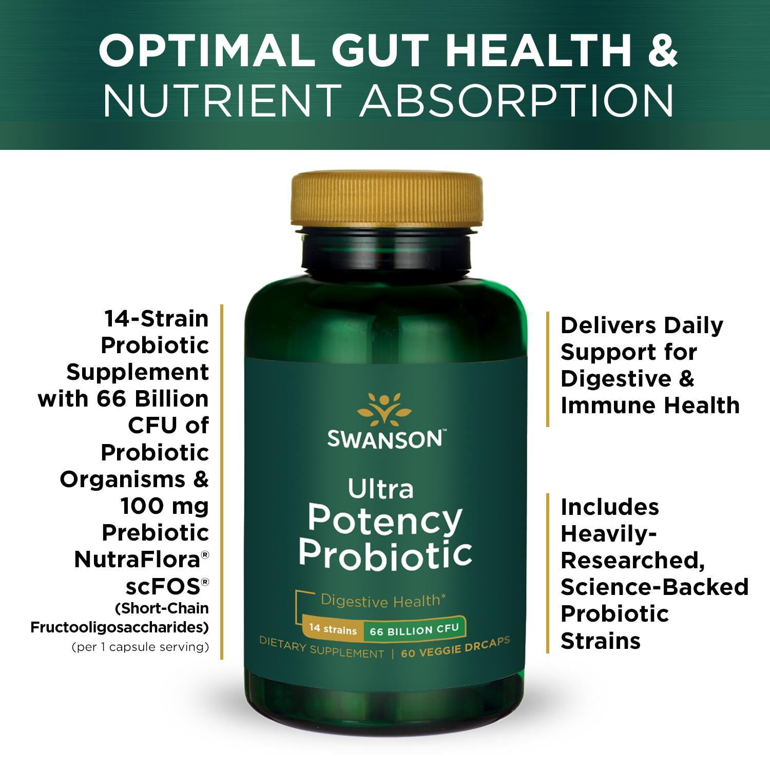 Swanson Ultra Potency Probiotic Vegetable Capsules, 66 Billion Cfu, 60 Count