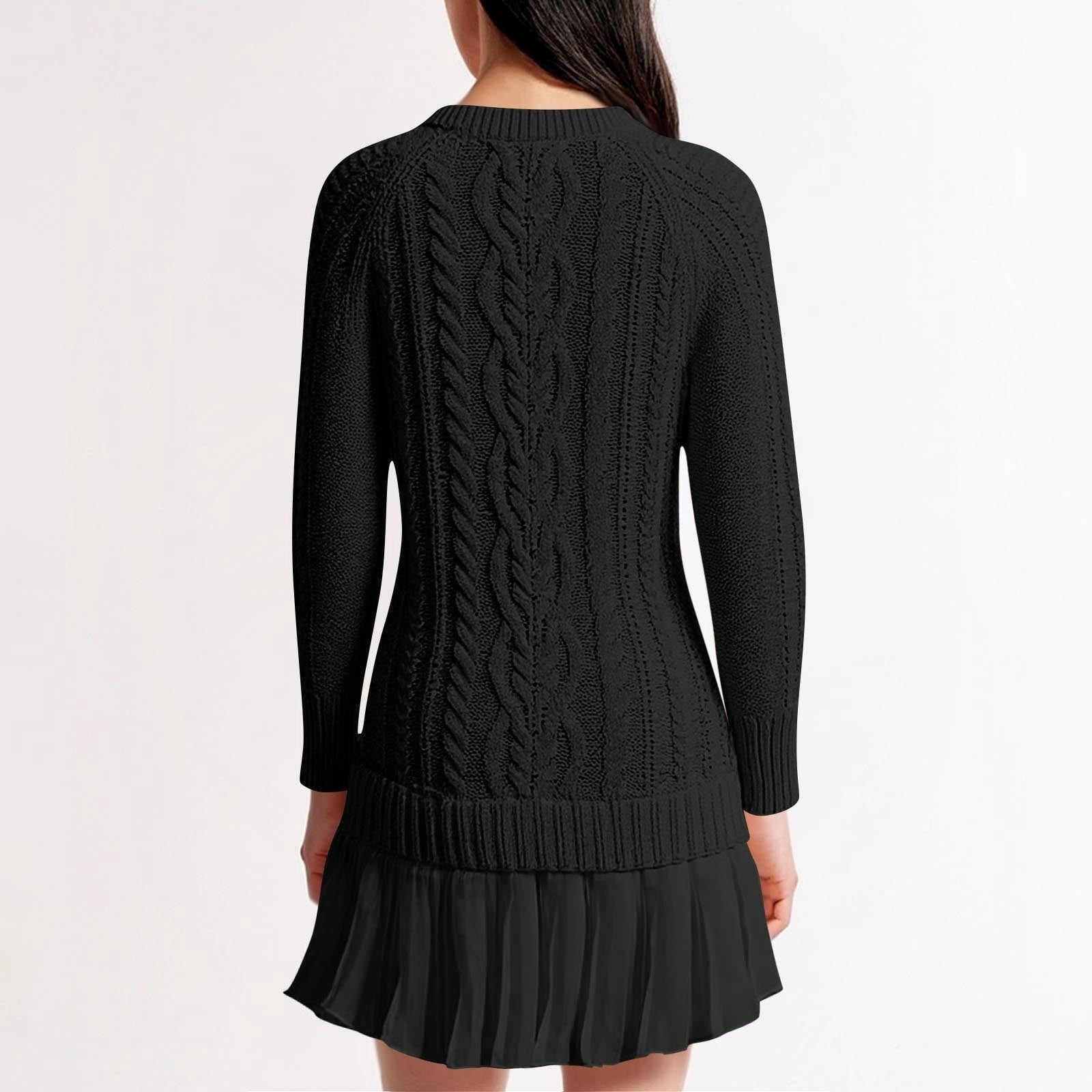 Women's Cable Knit Sweater Dress - Elegant Pleated Skirt Patchwork Crewneck Long Sleeve One Piece Mini Dresses
