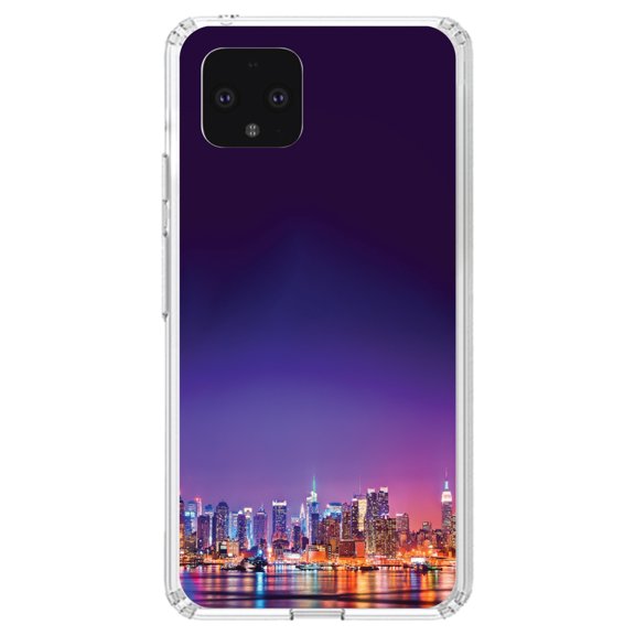 DistinctInk Clear Shockproof Hybrid Case for Google Pixel 4 XL (6.3" Screen) - TPU Bumper, Acrylic Back, Tempered Glass Screen Protector - New York Skyline Night - The Big Apple