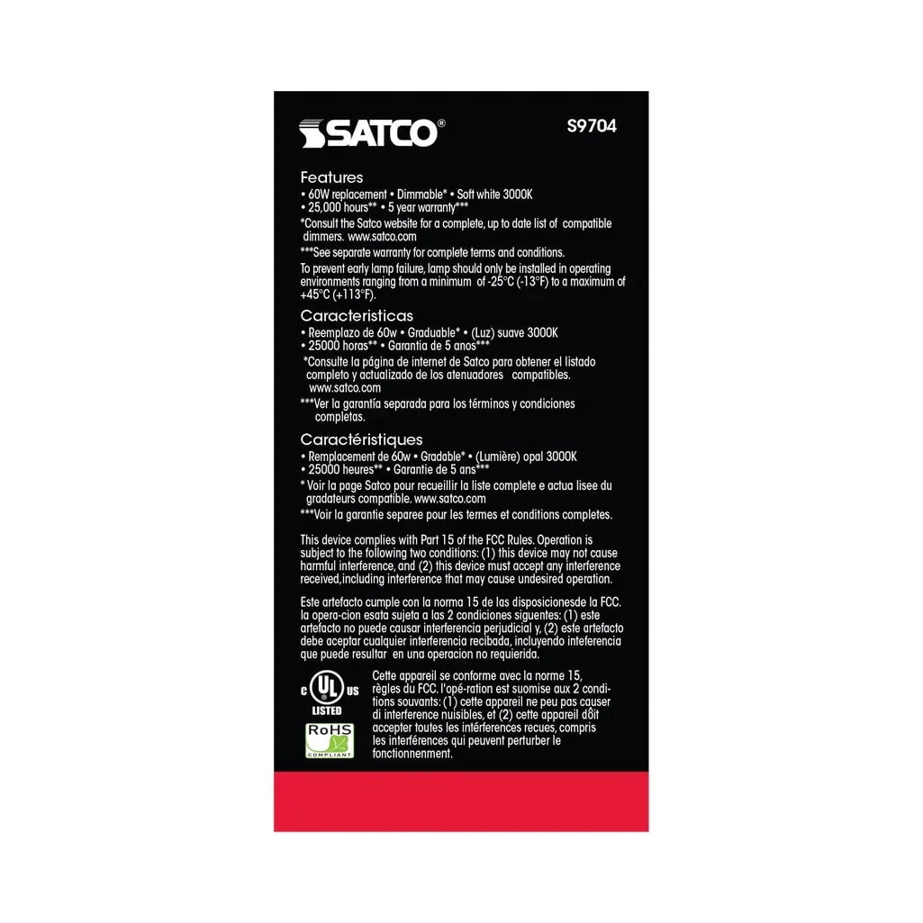 Satco S9704 A19 LED Light Bulbs 10W 120V 90CRI 3000K E26 Medium Base Dimmable (6 Pack)
