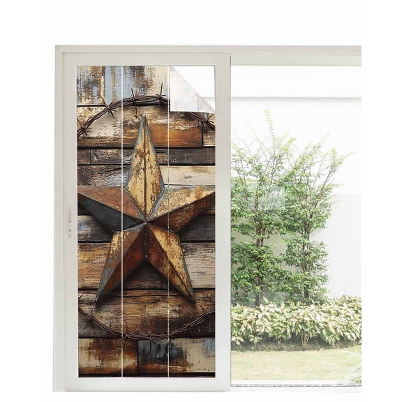 Window Privacy Film Vintage Farmhouse Stained Glass Window Film Decorative Sun Block Window Cover Western Texas Rustic Star Wooden Grain Window Clings Static Adhesive Sticker for Bathroom 35.4"x78.7"