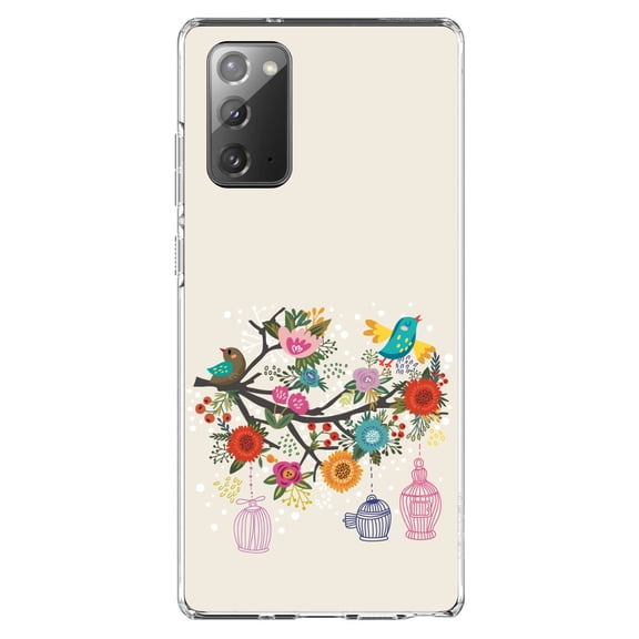 DistinctInk Clear Shockproof Hybrid Case for Samsung Galaxy Note 20 (6.7" Screen) - TPU Bumper, Acrylic Back, Tempered Glass Screen Protector - Spring Collection - Floral Birds Teal Red