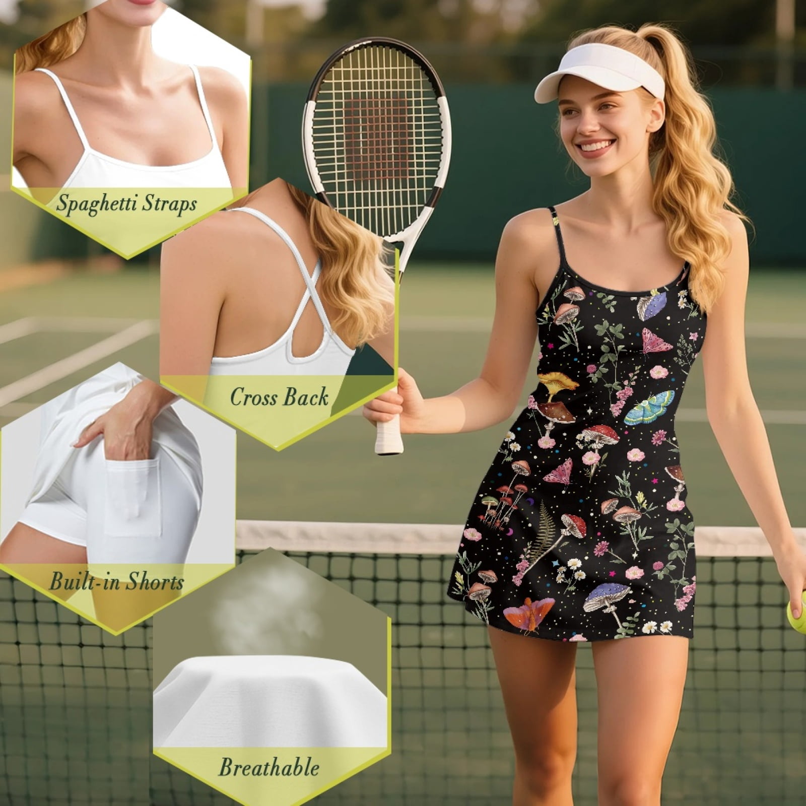Yuyamidu Aesthetic Mushroom Women's Workout Golf Dress with Pocket Built-in Shorts Butterfly Sleeveless Open Back Tennis Active Dresses 2 Piece Sets Outfits Size M