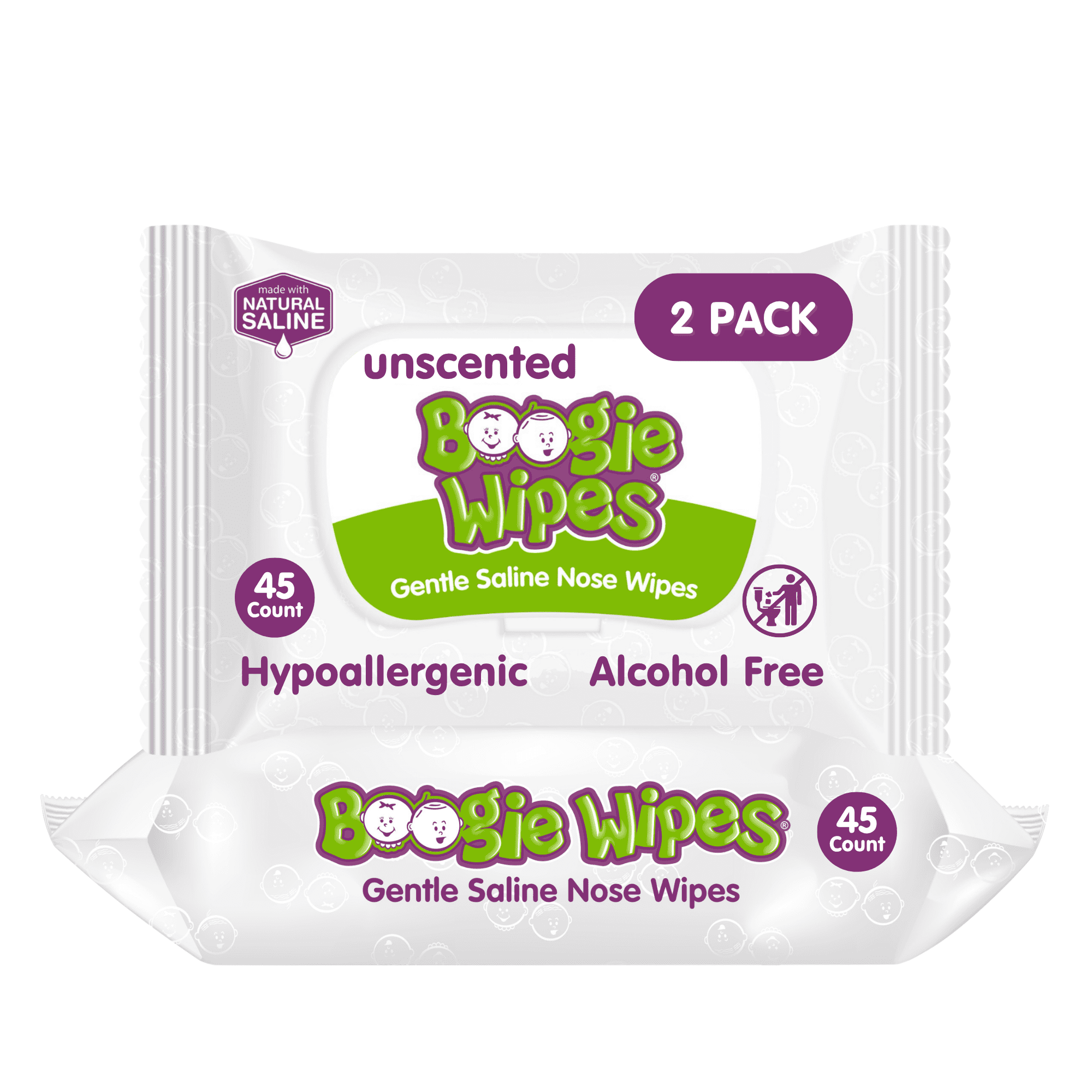 Boogie Wipes Saline Nose Wipes, Hypoallergenic & Alcohol-Free, Unscented, 90 Count