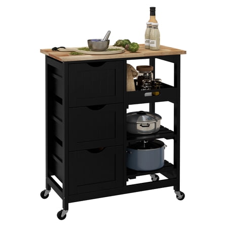 HOMCOM Rolling Kitchen Island Cart, Bar Serving Cart, Compact Trolley on Wheels with Wood Top, Shelves & Drawers for Home Dining Area, Black