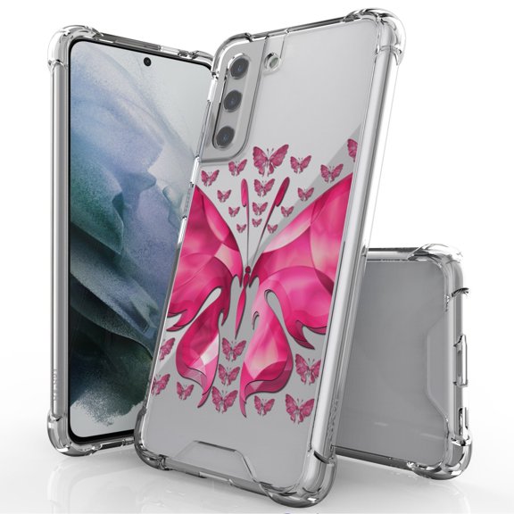 ANJ  Hybrid Slim Hard Back Cover Case Flexible Bumper for Samsung Galaxy S21 - Hot Pink Butterfly