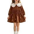thumbnail image 2 of Toddler Warm Corduroy Fall Outfit Contrast Big Ruffle Collar Tiny Floral Embroidery Gathered Waist Casual Dress for Birthday Parties Indoor Tea Parties Brown 100, 2 of 7