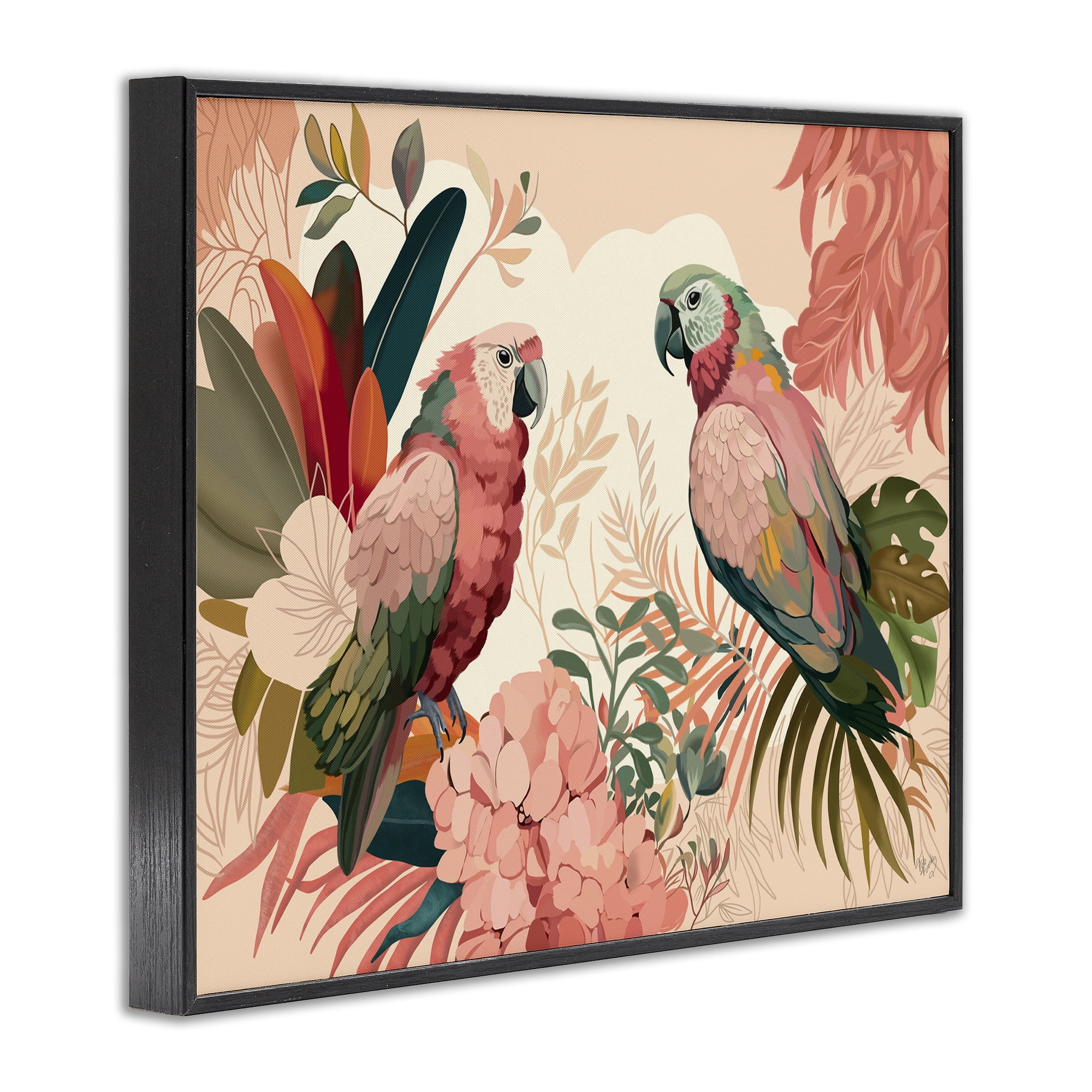 Stupell Industries Pink Parrots & Leaves Animals & Insects Painting Black Framed Art Print Wall Art, 14 x 11