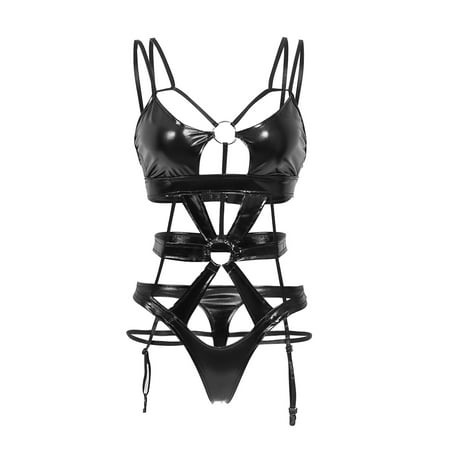 HYSYSB Leather Bodysuit for Women bodysuit with Built in Bra push Up Bodysuit leather Romper women s Black Matal Leather Bodysuit Lingerie Set with Garter shapewear Bodysuits for Women Black 3XL