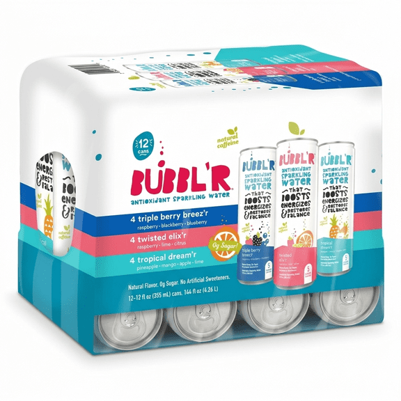 Bubblr Antioxidant Sparkling Water - triple berry breez'r ,twisted elix'r, tropical dream'r - Variety Pack, 0 Suger, 69 Mg Caffine, Sparkling Water 12 Fl Oz (Pack Of 12) (Packaging may Vary)
