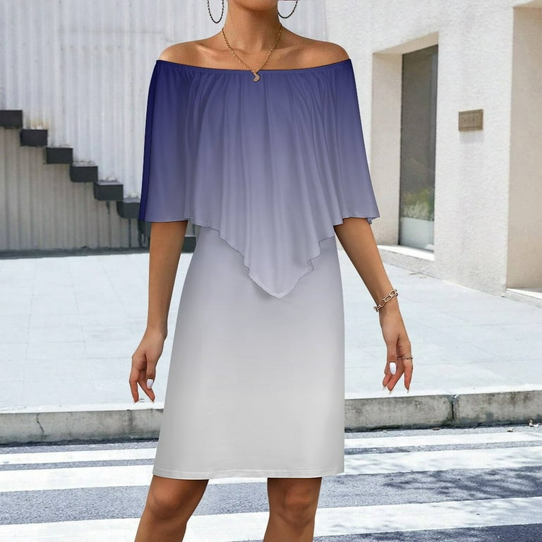 Aesthetic Ultramarine Blue And White Gradient Women's Off The Shoulder Ruffles Summer Wedding Guest Loose Casual Party Beach Dress - Walmart.com Aesthetic Ultramarine Blue And White Gradient Women's Off The Shoulder Ruffles Summer Wedding Guest Loose Casual Party Beach Dress - Walmart.com