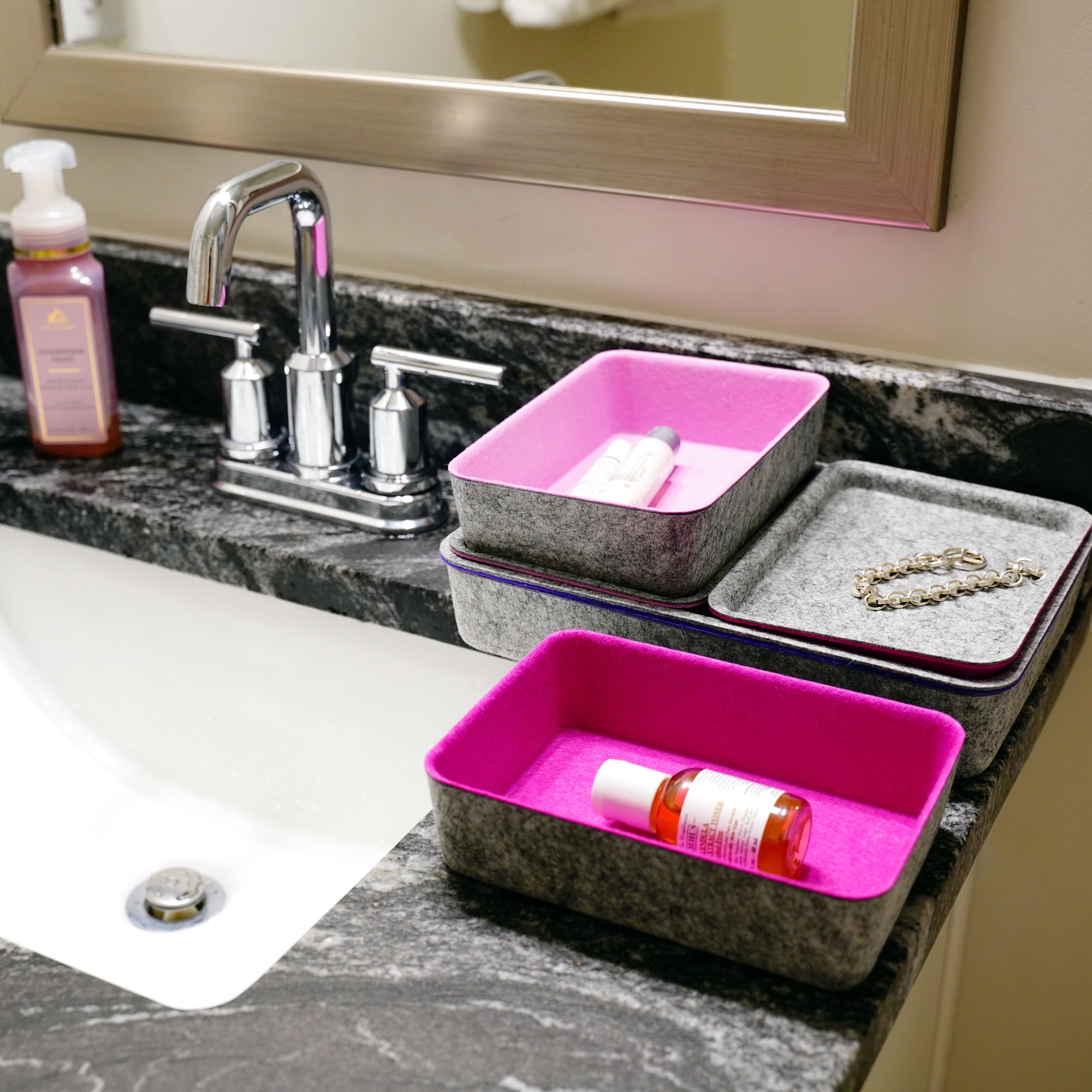 Welaxy Lidded Felt Drawer Organizer Trays with lids Desktop Organizer Bins Storage box for crafts office supplies pen Junk Makeup Stationery Organize 3-Pack (light pink + hot pink + purple)