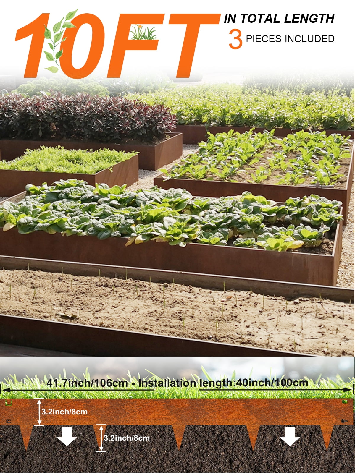 Vinci Landscape Edging Border, 40" L x 6" H 3Pack 10FT Total Rusted Corten Steel Garden Edging,Easy Installation,Sturdy Elegant Metal Lawn Broder for Flower Beds, Pathways, Paver Edges and Yard