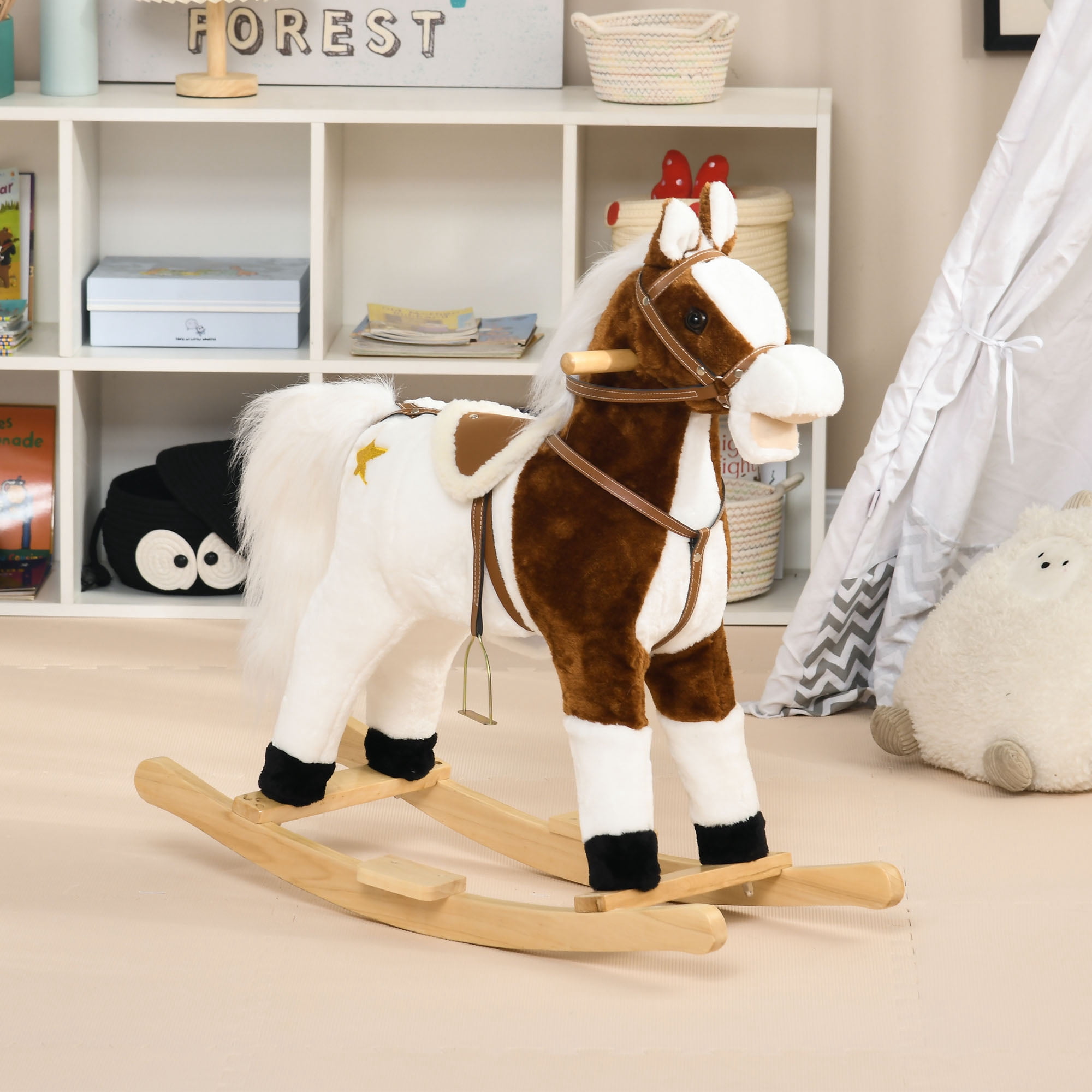 Qaba Rocking Horse with Sound,Ride On Horse with Saddle,Toddler Rocker,Gift for 3-8 Year Old,Brown,Brown Plush Toys Kids Bikes Riding Toys