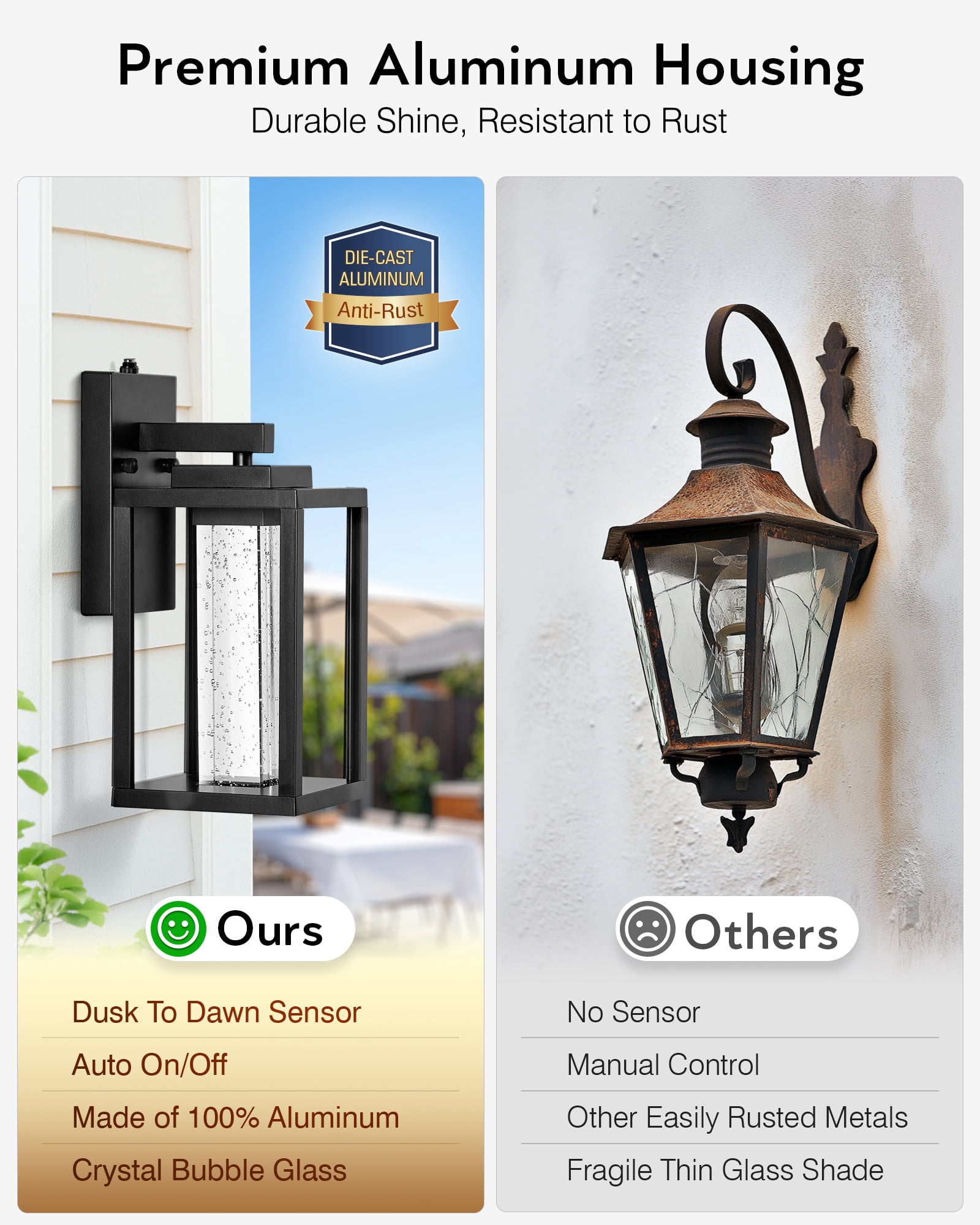 VIANIS Porch Lights Outdoor Dusk to Dawn, Black Outside Light Fixtures for House, Exterior Lighting Wall Mount for Garage Modern Outdoor Wall Sconce Lantern for Coach with Crystal Bubble Glass