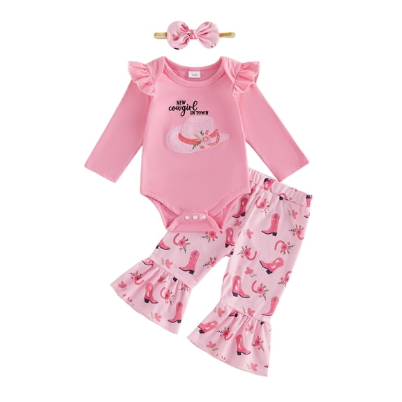 Cjfdfy Newborn Baby Girl Western Outfits,Letter Cowgirl Hat Embroidery Crew Neck Long Sleeve Romper Flare Pants Headband 3 Pieces Set,New Cowgirl In Town Letter Fall Winter Outfits