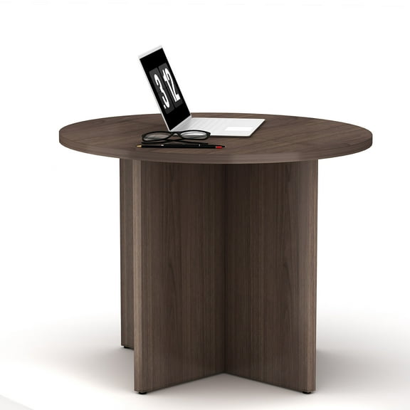 Cubespace Round Conference Table, 35.4" Small Office Meeting Table for Business, x-Shaped Wood Base