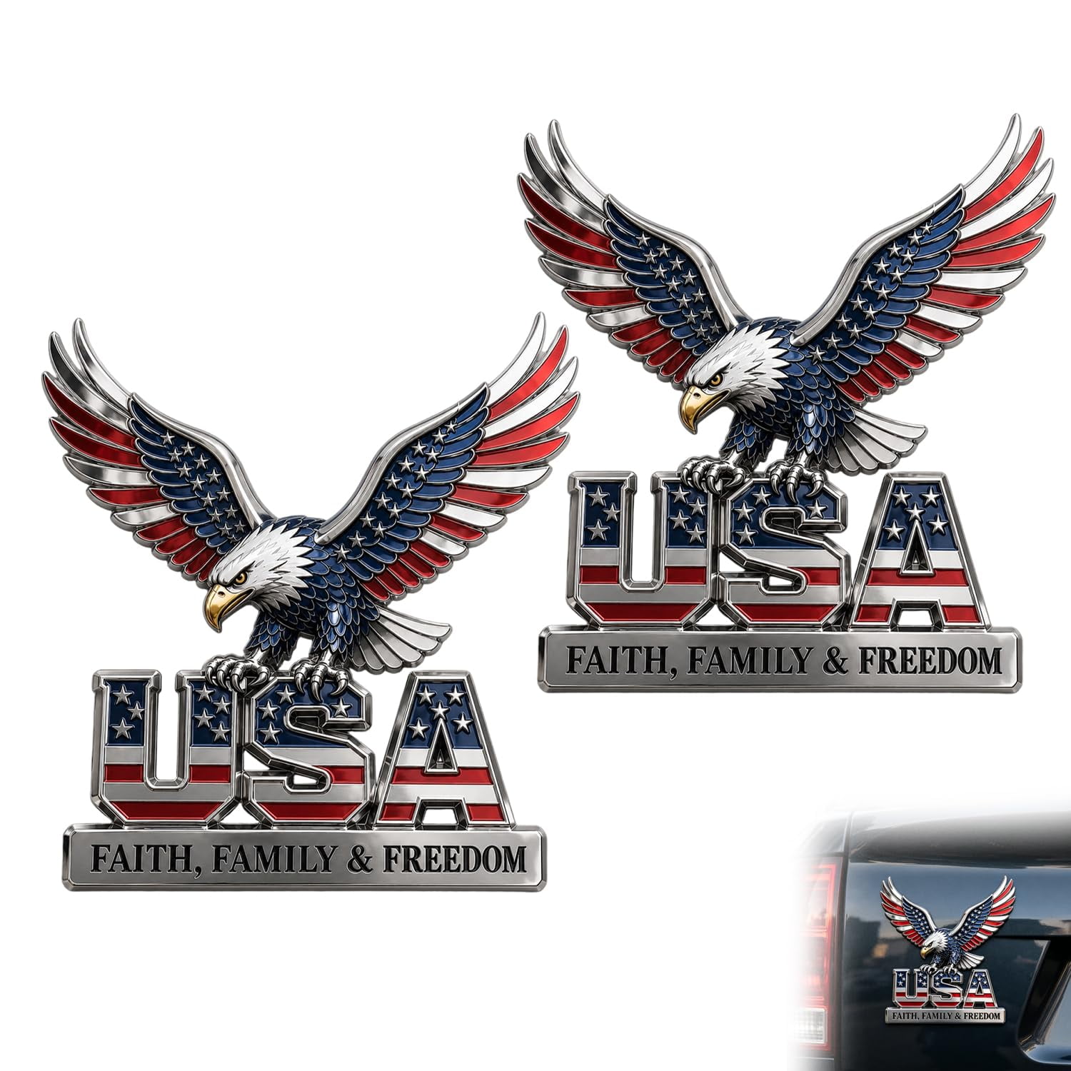 USA Faith, Family & Freedom Metal Emblem, Eagle & USA Letters Patriotic Edition 3D Metal Car Emblem, 250th Anniversary Red & Blue Flag Auto Decal for Automotive, Trucks, SUV, Motorcycle