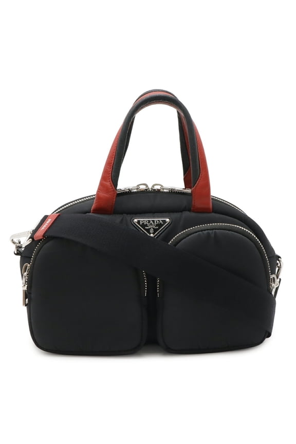 Pre-Owned PRADA Triangle Handbag Mini Boston Shoulder Bag Nylon NERO Black Red Purchased at a...