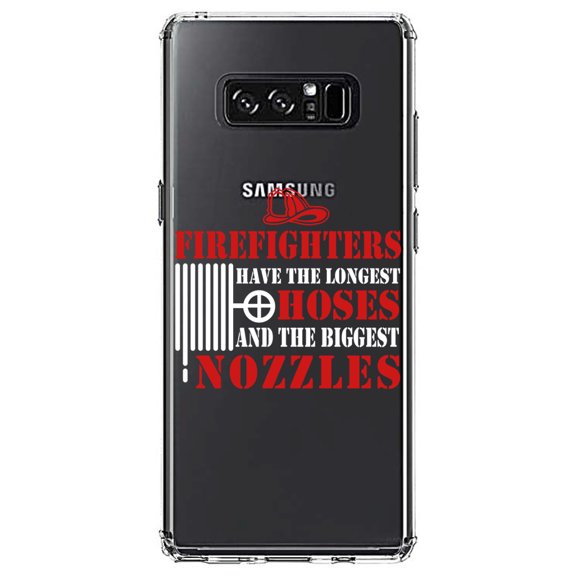 DistinctInk Clear Shockproof Hybrid Case for Samsung Galaxy Note 8 - TPU Bumper Acrylic Back Tempered Glass Screen Protector - Firefights Have Longest Hoses and Biggest Nozzles