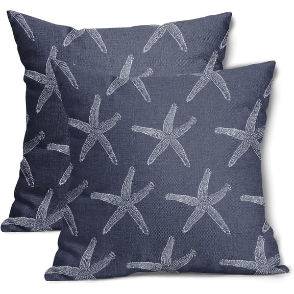 Navy Bllue Starfish Pillow Covers 16X16 Inch Coastal Beach Nautical Couch Pillow Cases Summer Ocean Cotton Linen Throw Pillows Set of 2 Home Decor for Living Room Bedroom Cushion Outdoor